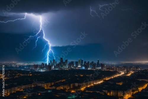 A stunning lightning storm over a silhouetted metropolis skyline. 