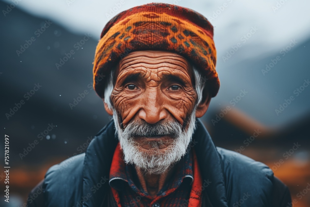 Close up portrait of elderly asian man with urban street background, showcasing intricate details. Close up portrait of elderly asian man with urban street background, showcasing intricate details.