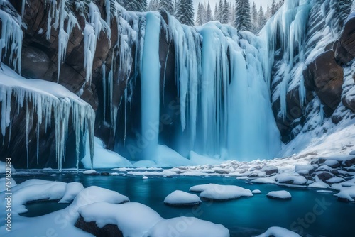 A frozen waterfall surrounded by icicles and snow-covered rocks