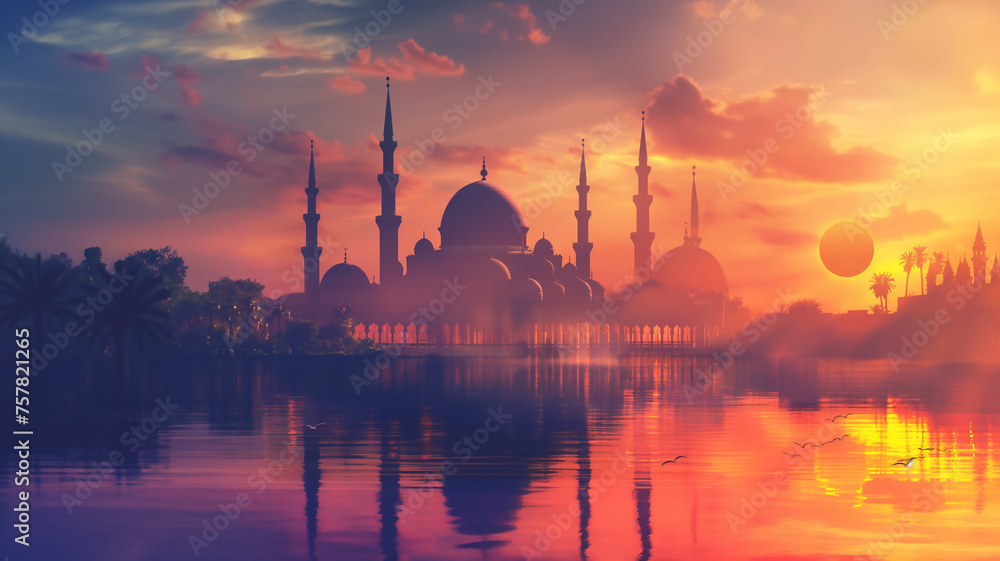The tranquil silhouette of a mosque against the backdrop of a stunning sunset, enveloping the scene in a sense of calm and spirituality, a serene Islamic Ramadan background.