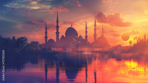 The tranquil silhouette of a mosque against the backdrop of a stunning sunset, enveloping the scene in a sense of calm and spirituality, a serene Islamic Ramadan background.