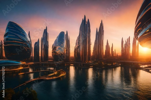 A futuristic floating metropolis with clean structures against a vivid sunset.