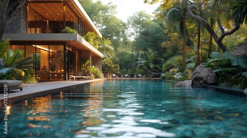 3 d render of a swimming pool with a tropical garden