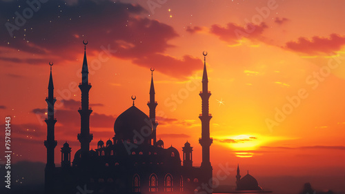 A majestic mosque silhouette set against a stunning sunset sky—a tranquil Islamic Ramadan backdrop.