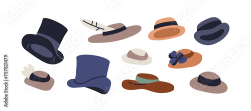 Vintage retro hats set. Old fashion, Victorian head wearing, cap accessories. 18th and 19th century headwear, men and women headdress. Flat graphic vector illustrations isolated on white background