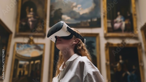 Woman in the museum wearing VR glasses