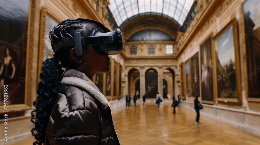 Woman in the museum wearing VR glasses