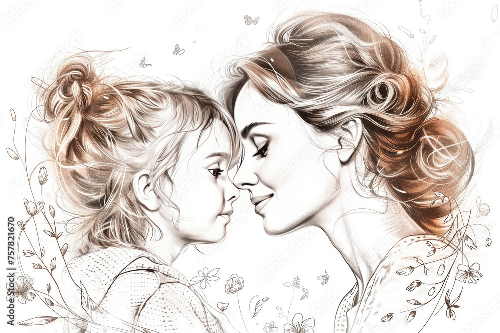 Beautiful happy mother hugs her little daughter. Mother's Day concept. Drawn, black and white Beautiful happy mother hugs her little daughter. Mother's Day concept. Drawn, black and white