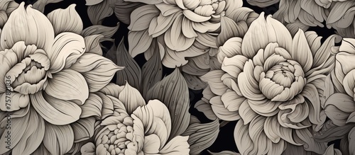 A monochrome painting depicting flowers and leaves on a black background, showcasing the beauty of botanical elements in art with a striking contrast