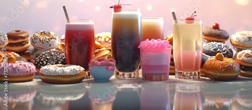A table full of donuts and drinks, including a pink and white donuts and a pink