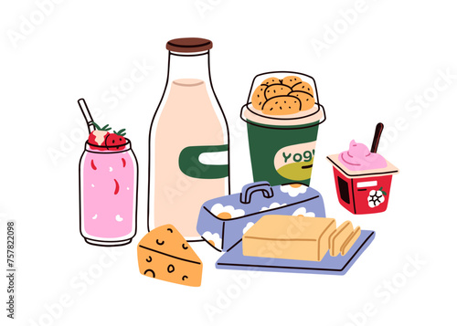 Dairy product, milk produce composition. Yogurt, butter, cheese, sweet strawberry milkshake. Milky goods, food and drink assortment. Flat graphic vector illustration isolated on white background