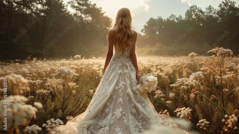 Bride in a white lace wedding dress holding a bouquet in a field at sunset Bride in a white lace wedding dress holding a bouquet in a field at sunset