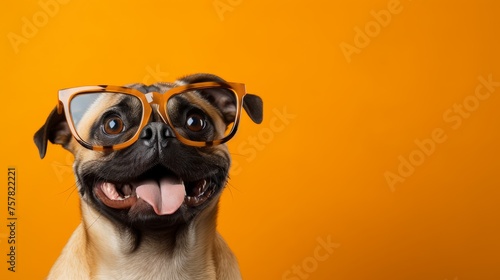 Happy Dog in Glasses Stand in Front of Solid Color