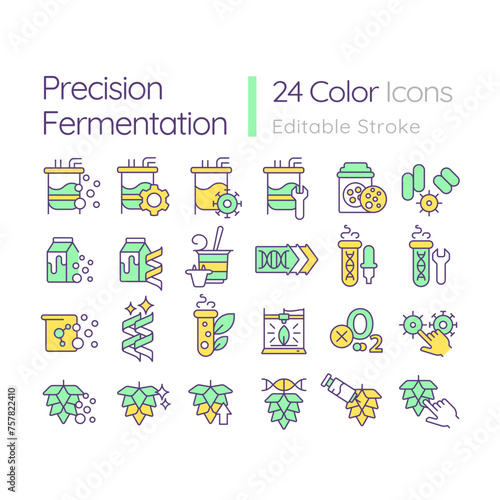 Precision fermentation RGB color icons set. Selective breeding, biotechnological process. Food production. Isolated vector illustrations. Simple filled line drawings collection. Editable stroke
