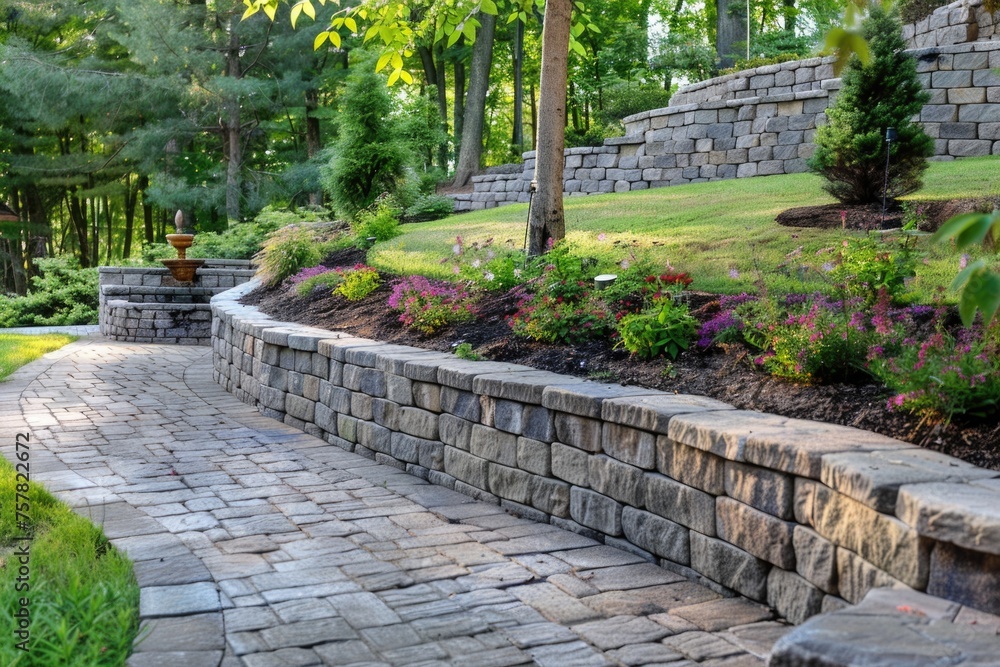 Landscaped backyard with stone retaining walls and a variety of plants.