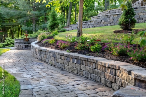 Landscaped backyard with stone retaining walls and a variety of plants. photo
