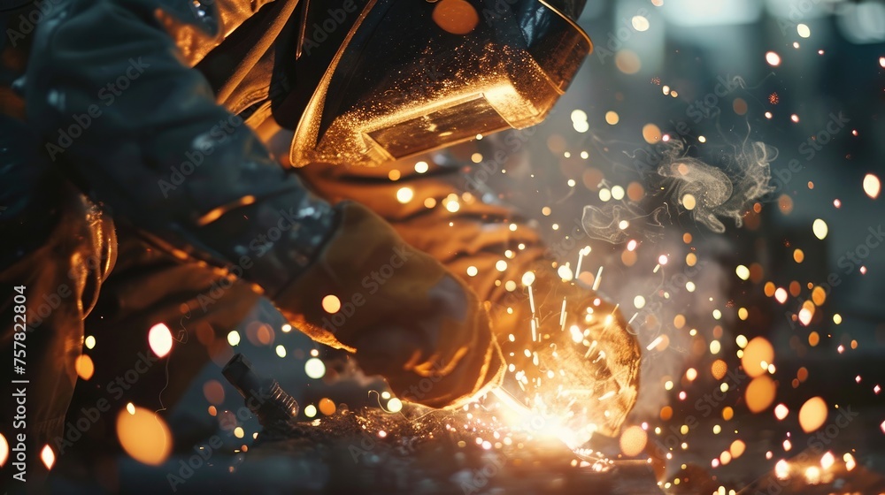 Industrial worker working with arc welding machine to weld steel in factory - obrazy, fototapety, plakaty 