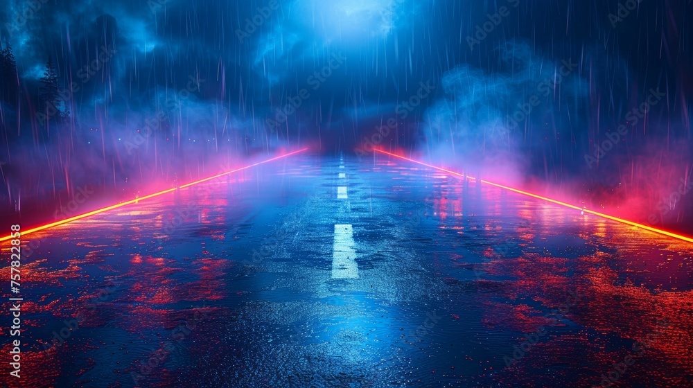 An empty dark scene, a blue neon searchlight, wet asphalt, smoke, the night sky, and rays appear.