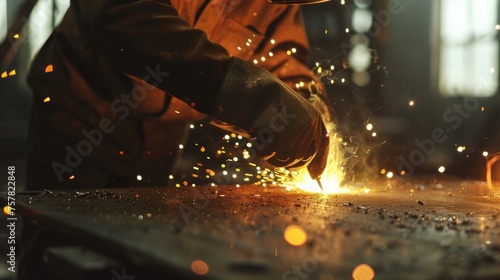 Industrial worker working with arc welding machine to weld steel in factory