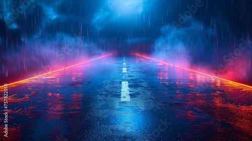 An empty dark scene, a blue neon searchlight, wet asphalt, smoke, the night sky, and rays appear. © Niko
