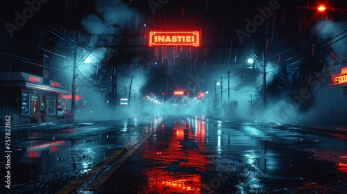 In a dark empty street with smoke and smog, there is wet asphalt, neon lights, a searchlight, smoke, abstract light. The street is empty at night, with a dark night view, and a night city in the