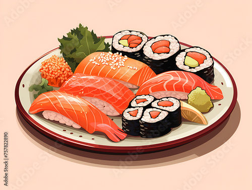 Illustration of a plate with different sushi, colorful background 