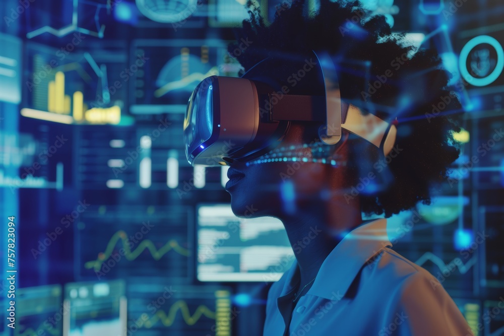 Woman in VR glasses using data visualization technology in the virtual reality - VR headset, big data, cyberspace Woman in VR glasses using data visualization technology in the virtual reality - VR headset, big data, cyberspace