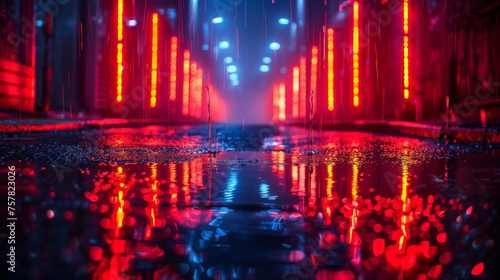 Wet asphalt on a dark street with reflections of neon lights. Rays of light and lasers in the dark. Night view of the street and city. Abstract dark blue background.