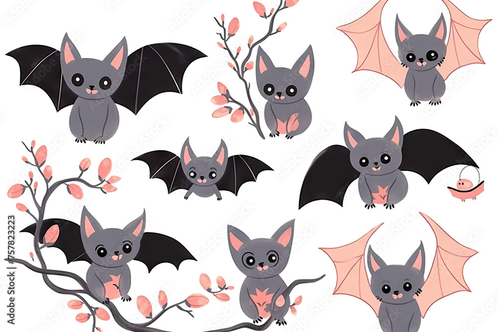 Set tree Vector hanging cute flying illustration bats Set tree Vector hanging cute flying illustration bats