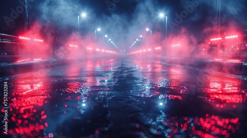 Asphalt with wet reflections of neon lights, smoke, and searchlights with smog. Abstract light in a dark city with smoke.