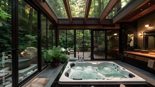 Jacuzzi Tub Oasis in Modern Rustic Luxury Bathroom with Forest Views and Skylights