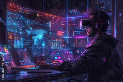 Man wearing VR headset while working using data visualization, vr goggles, vr glasses