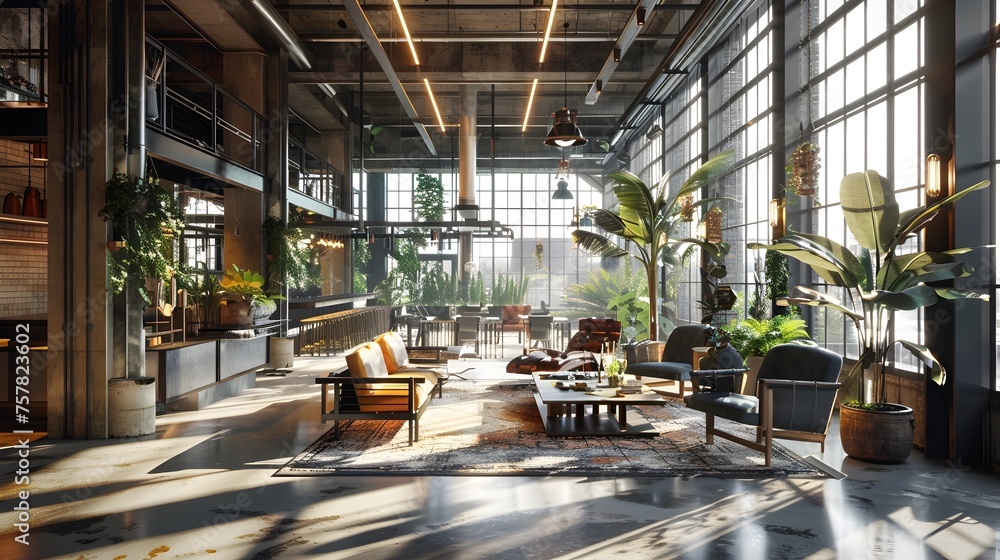 Naklejka premium Industrial Open-Space Office Design with Greenery and Cinematic Lighting