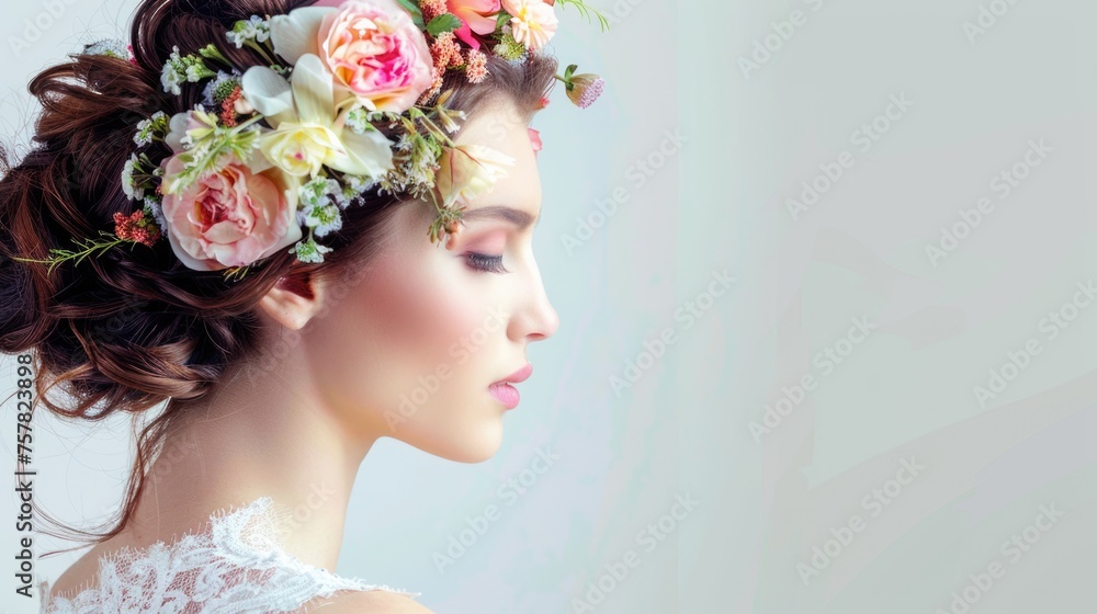 Bridal hairstyle with delicate flowers and natural makeup.