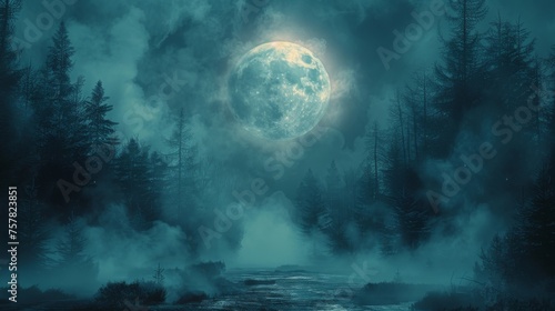 An abstract dark and cold street background in a dark forest with trees, big moon and moonlight. Smoke and shadow. A nighttime landscape.