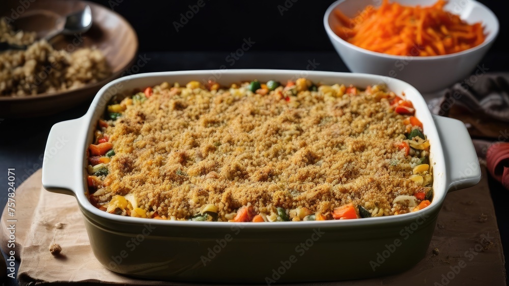 vegetable casserole with a breadcrumb topping. vegetable casserole with a breadcrumb topping.