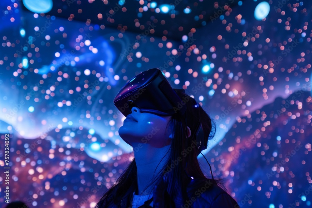 Woman with VR glasses in the virtual world - cyberspace and augmented reality - vr headset, vr goggles Woman with VR glasses in the virtual world - cyberspace and augmented reality - vr headset, vr goggles