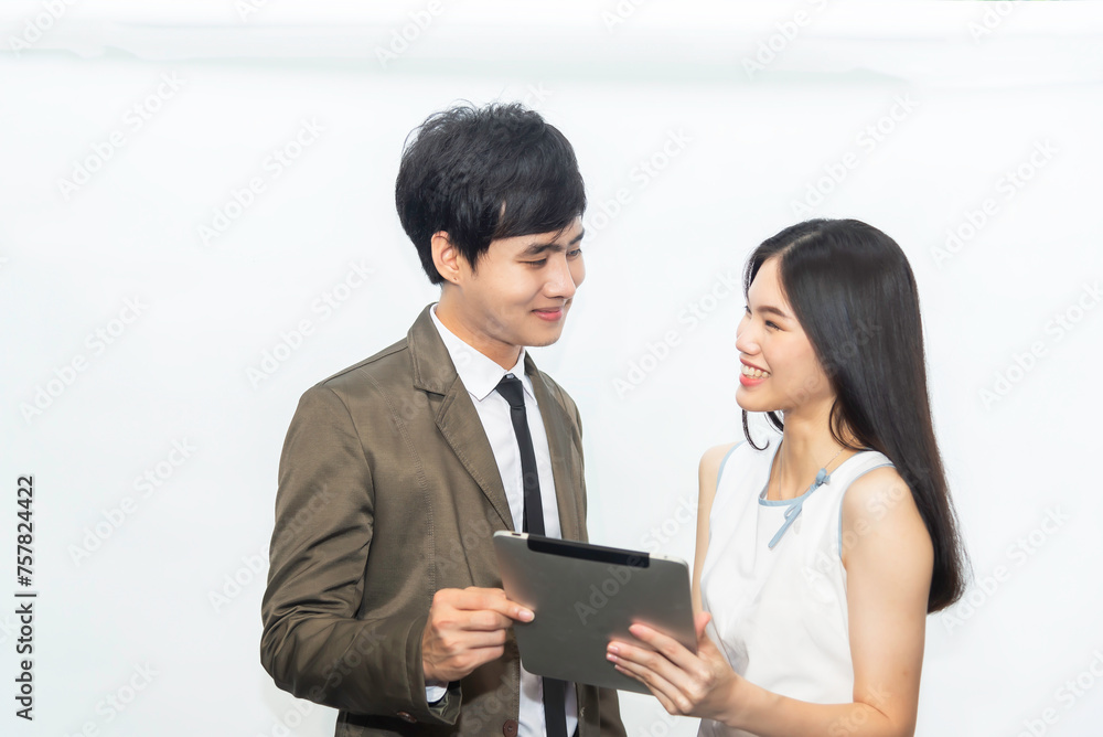 young manager talking with secretary about report marketing on for planning at office young manager talking with secretary about report marketing on for planning at office
