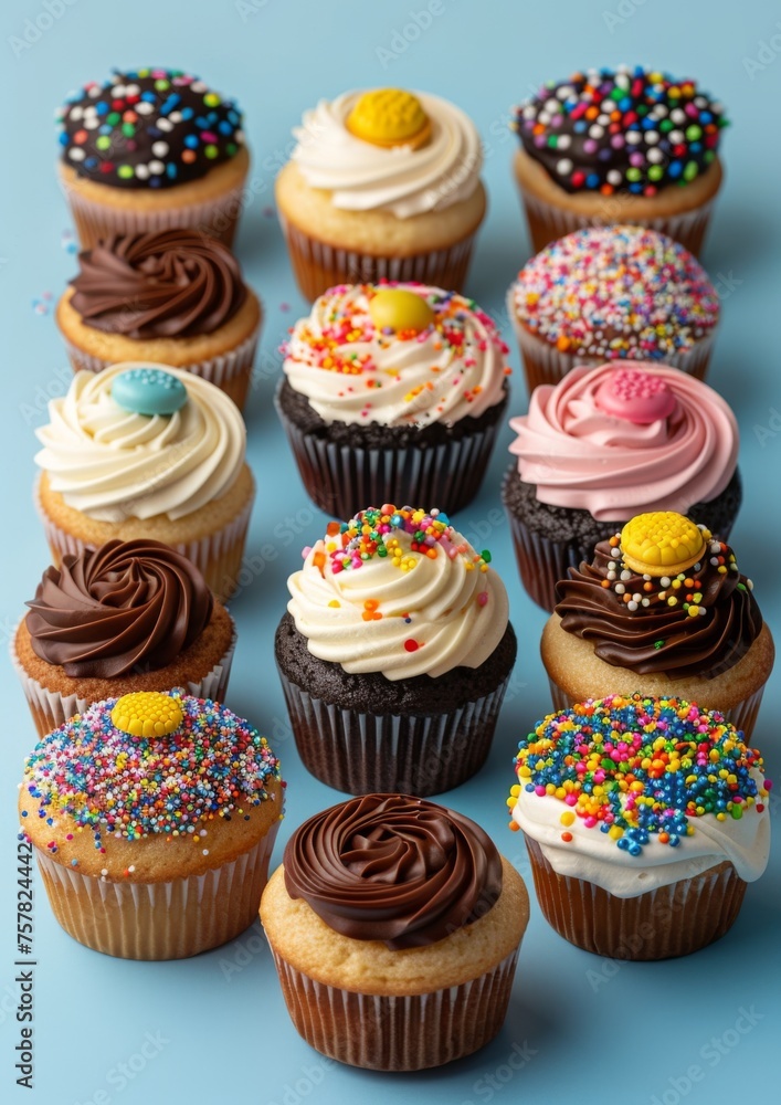 Group of assorted cupcakes topped with frosting, icing. Isolated on blue background. Group of assorted cupcakes topped with frosting, icing. Isolated on blue background.