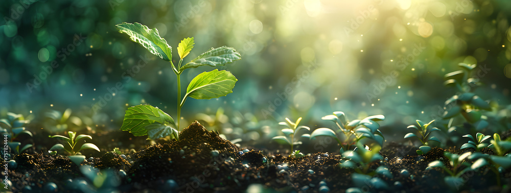 A panoramic image of seedlings growing from rich soil towards the morning sunlight, representing the concept of ecology and sustainability. Suitable for use in environmental conservation. - obrazy, fototapety, plakaty 