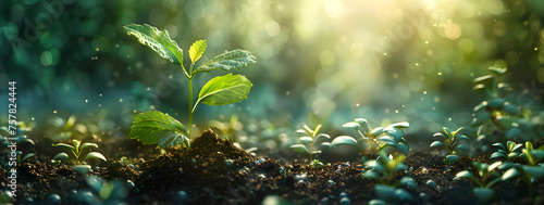 A panoramic image of seedlings growing from rich soil towards the morning sunlight, representing the concept of ecology and sustainability. Suitable for use in environmental conservation.