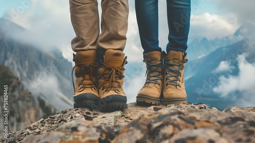 Close-up of hiking boots on a mountain peak ledge. adventurous spirit, outdoor exploration, mountaineering journey. a travel lifestyle moment captured. AI