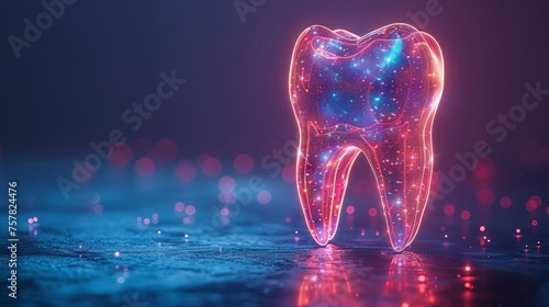 This image shows a neon hologram tooth. It refers to medicine, new technologies, oral care, dental prosthetics, and copy space. photo