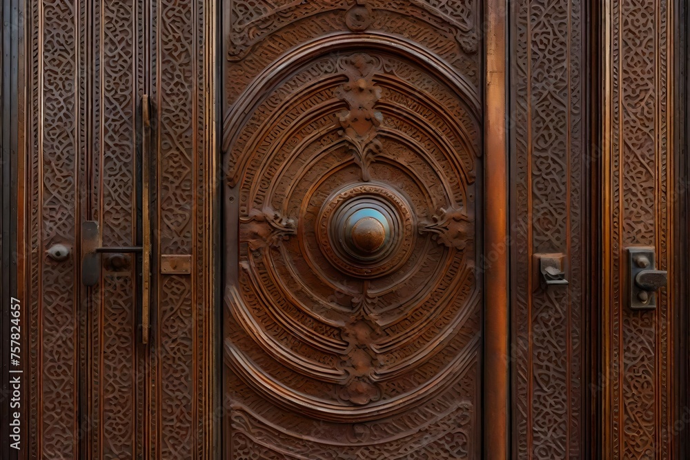 A close-up of a rusted ancient door with numerous details and textures. - obrazy, fototapety, plakaty 