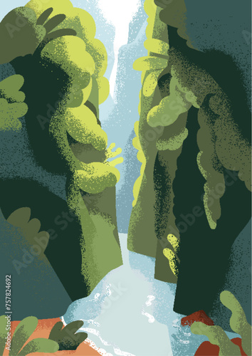 Waterfall in green jungle forest, nature poster. Landscape card background. W...