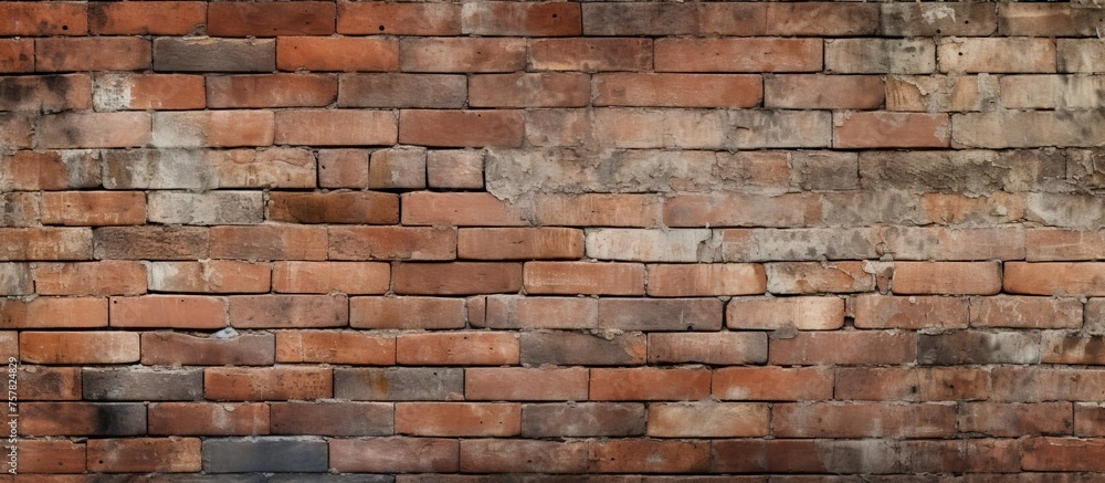 Fototapeta premium A detailed close up of a brown brick wall showcasing the intricate brickwork and texture of this composite building material