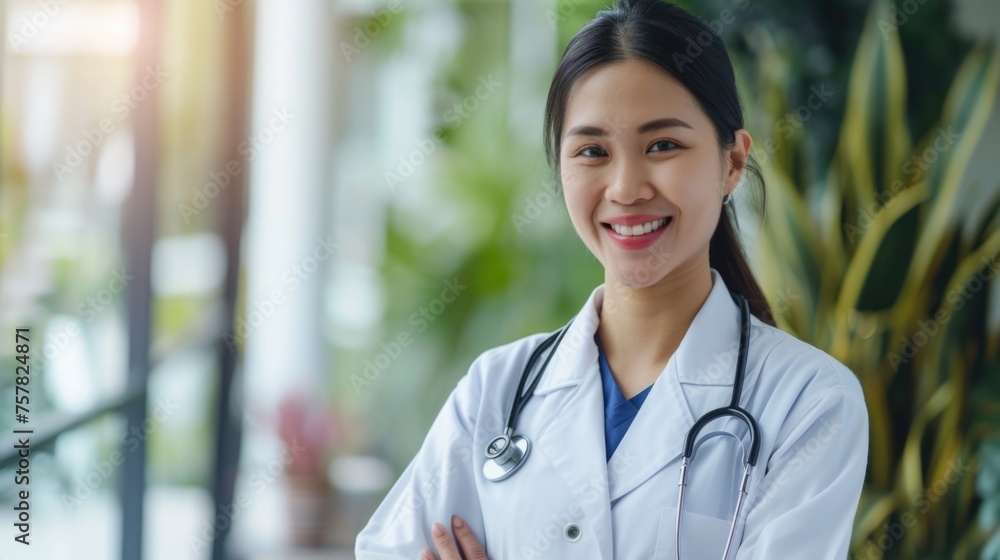Smiling female doctor with stethoscope in modern clinic environment. Smiling female doctor with stethoscope in modern clinic environment.