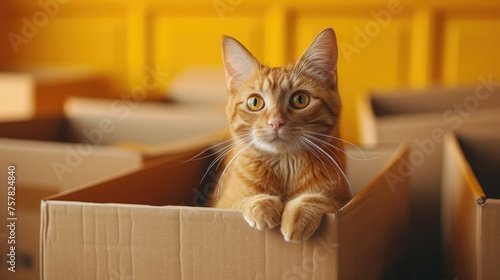 Inquisitive Cat Exploring Cardboard Boxes, curious ginger tabby cat peers out from a cardboard box, adding a playful touch to the scene of stacked boxes, evoking themes of moving day or playful pets
