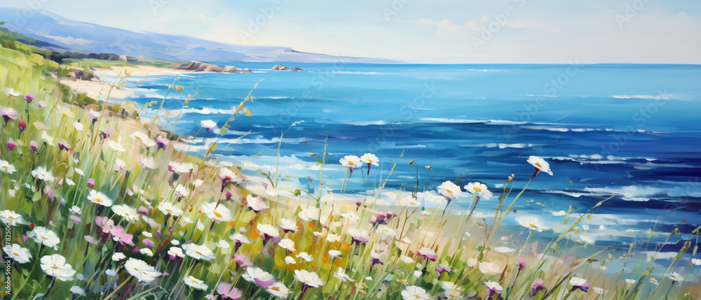 Summer blue sky green sea water wild flowers on beach