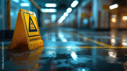 Caution Wet Floor Sign in Moody Parking Lot, Yellow caution sign stands out in a dimly lit, wet parking lot, warning of slippery conditions with a deep focus and reflective surface © Anastasiia